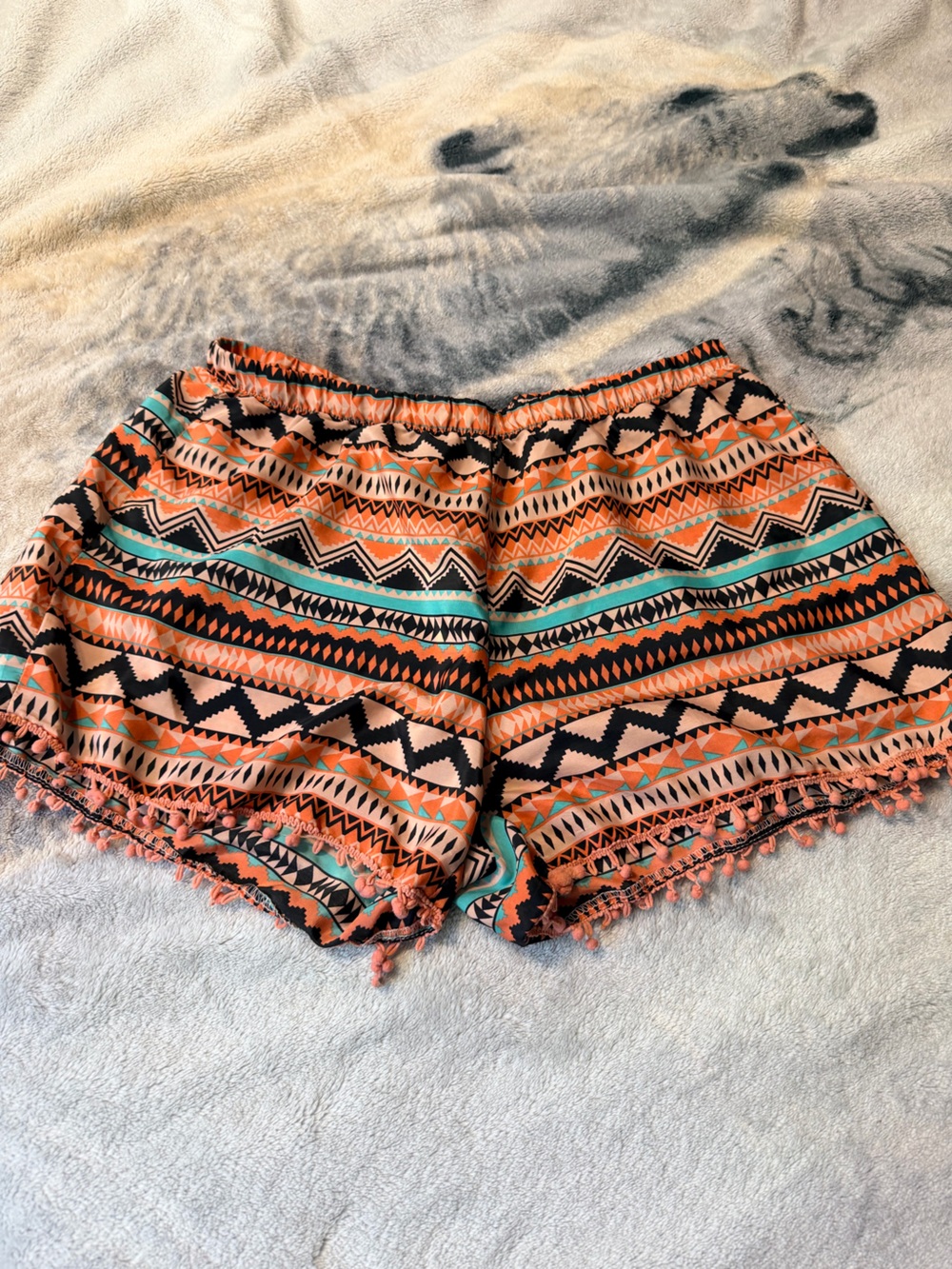 Women's Orange Aztec Print Pom-Pom Shorts